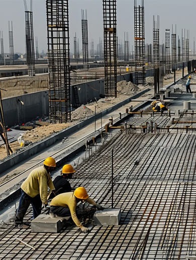 Workers installing steel reinforcement bars at a construction site.